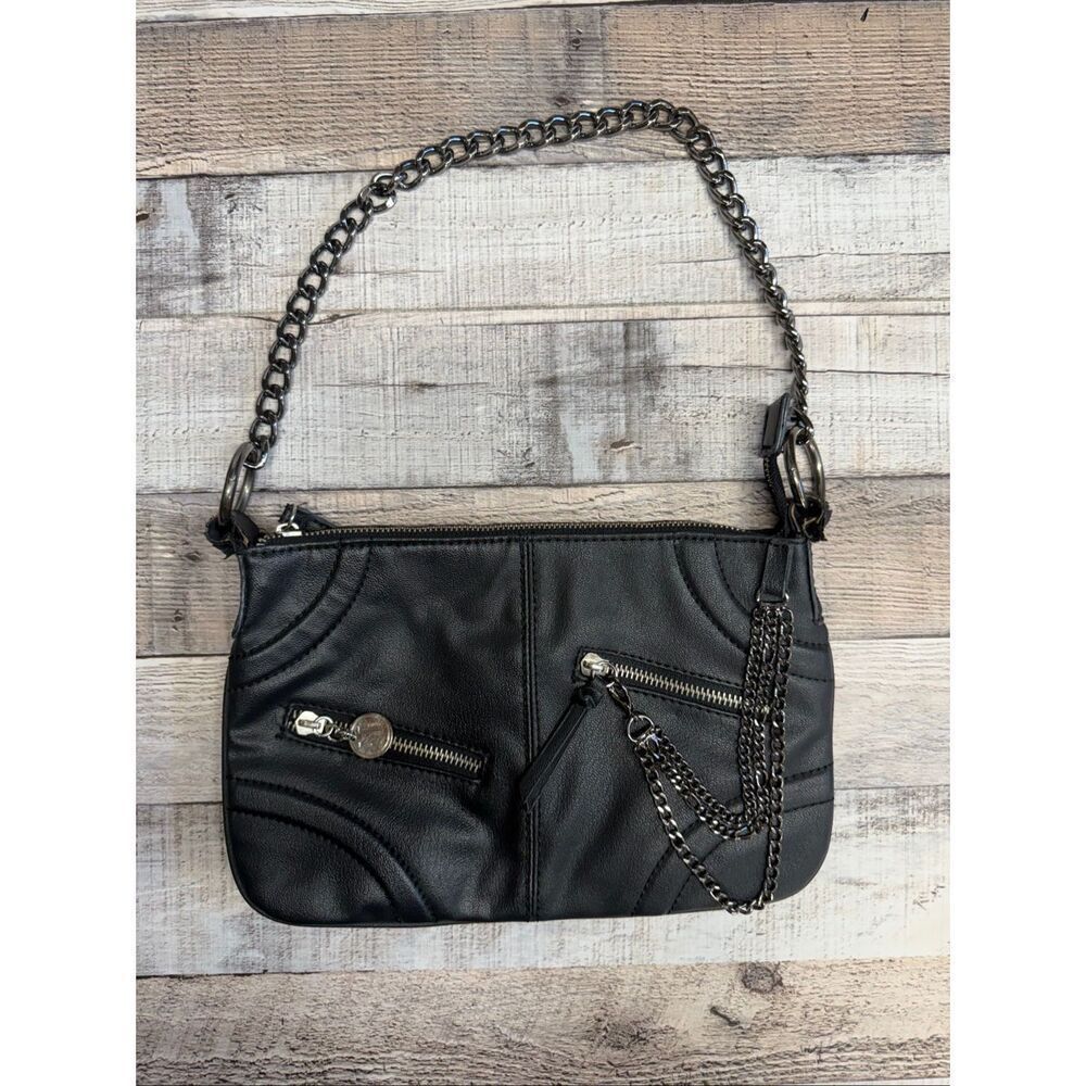Mango Black Faux Leather Chain Shoulder Bag Skull Zipper Y2K Grunge Rocker Metal